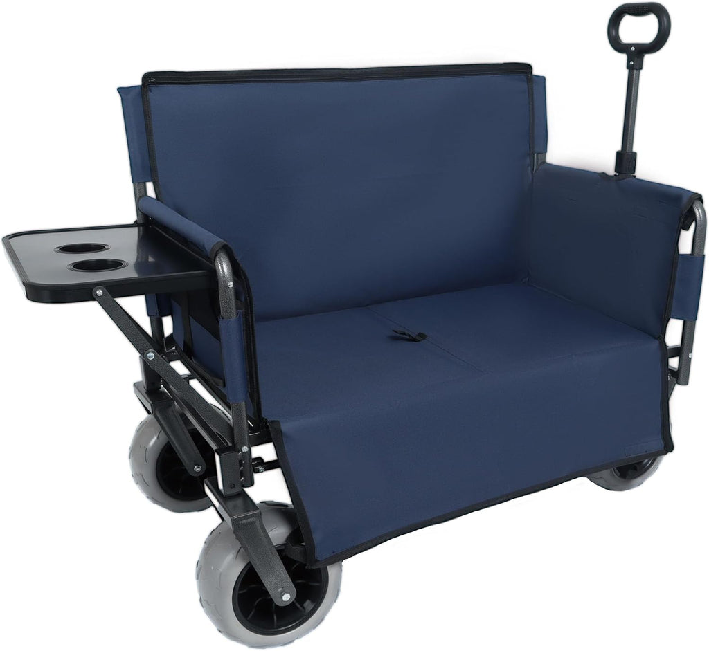 3-in-1 Folding Wagon with Seats and Table, All Terrain Beach Cart with Big Wheels for Sand, 500lbs Heavy Duty Collapsible Wagon for Camping Family Shopping (Dark Blue)