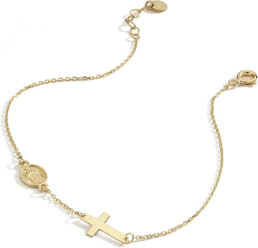MIONZA 14K Solid Gold Rosary Sideways Cross Bracelet for Women, Adjustable Cross Bracelet, Religious Charm Catholic Jewelry, Christian Baptism Gift for Her