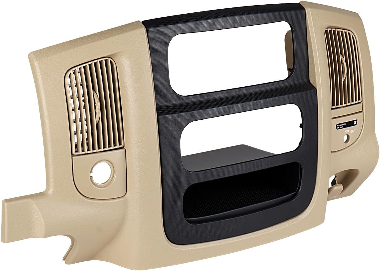 Dash Center Radio Bezel Trim Panel Compatible for 2002-2005 Dodge Ram 1500, 2003-2005 Ram 2500 3500 Replacement Dash Cover Kit + Mounting Screw Dashboard Radio Surround Interior Beige & Black