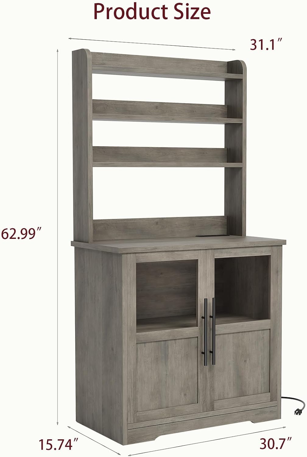 IDEALHOUSE Bakers Rack With Storage Cabinet, Microwave Stand With Power Outlets, Farmhouse Bakers Rack With Thick Table Top, Small Kitchen Pantry for Kitchen,Dining Room,Retro Gray