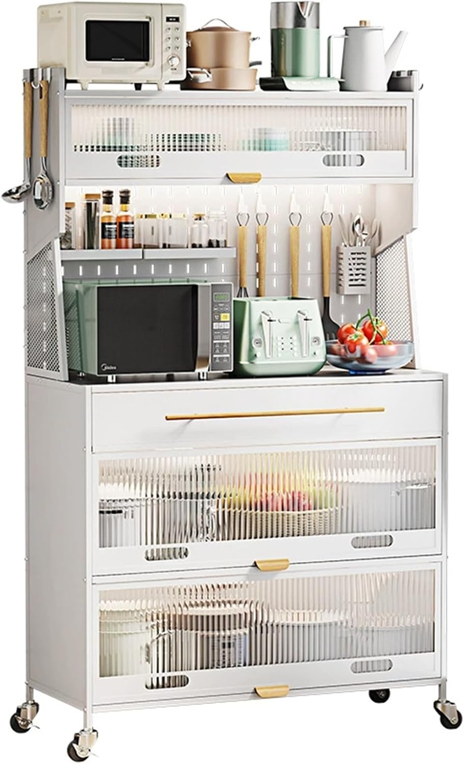 Freestanding Multi-Layer Kitchen Floor Cupboard，Microwave Storage Stand,Metal Kitchen Storage Cabinets, Bakers Rack with Storage, Kitchen Microwave Stand, with Drawers, Hooks * 8, Foot Pads