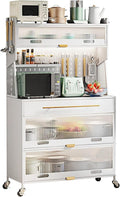 Freestanding Multi-Layer Kitchen Floor Cupboard，Microwave Storage Stand,Metal Kitchen Storage Cabinets, Bakers Rack with Storage, Kitchen Microwave Stand, with Drawers, Hooks * 8, Foot Pads