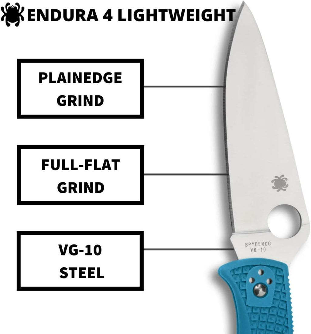 Spyderco Endura 4 Lightweight Folding Pocket Knife with 3.8' VG-10 Steel Blade and FRN Handle - EDC Knife for Men and Women, Perfect for Hunting, Tactical, Camping, Survival - PlainEdge - C10FPBL