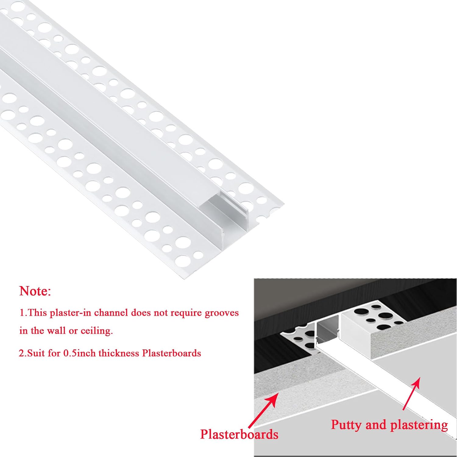 10Pack 6.6FT/2 Meter Plaster-in trimless recessed LED Aluminum Channel with Flange for LED Strip and Clip-in Diffuser, Tape Light Track LED Profile for Strip Lighting Applications