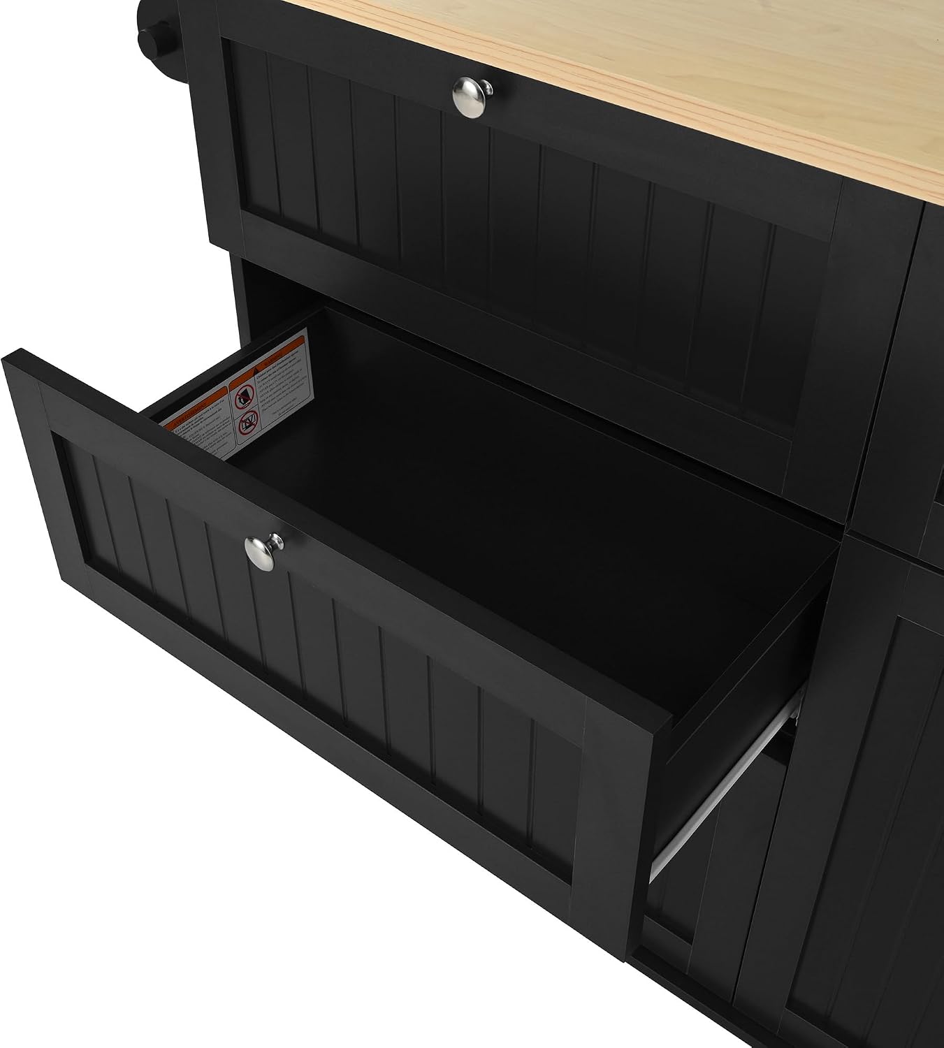 Bellemave Farmhouse Kitchen Island on Wheels with 11.8inch Drop Leaf, 2 Stools, Power Outlet,Kitchen Cart with Storage Cabinet, 2 Drawers, Door Shelves and Towel Rack(Black)