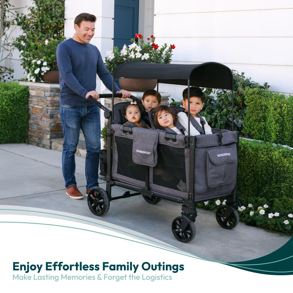 WonderFold W4 Elite Pro Stroller Wagon - Foldable Wagon with Aluminum Frame - Adjustable Canopy & Push Handle - All-Terrain Wheels - For Babies, Toddlers & Kids - 4 Seater - Jet Black