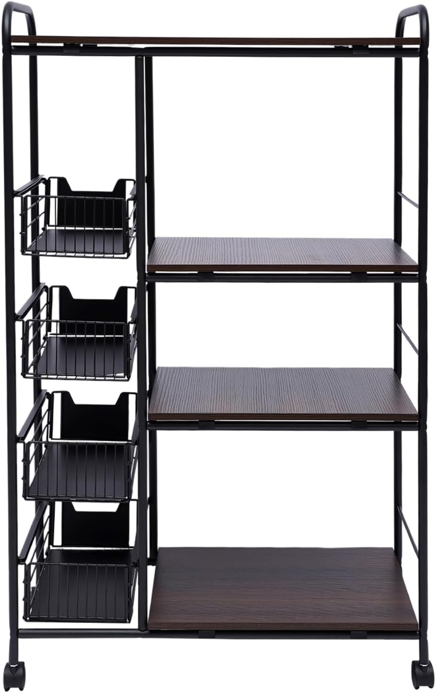 5-Tier Kitchen Bakers Rack with Storage, Kitchen Storage Cart with Wheels, Industrial Microwave Stand, Freestanding Kitchen Stand Storage Shelf, Mobile Storage Rack with Four Sliding Drawers
