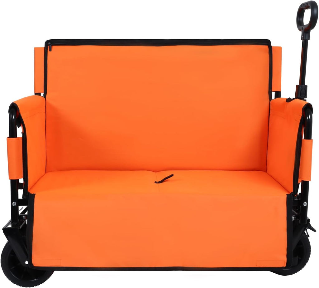 3-in-1 Convertible Folding Wagon Cart with Bench Seat & Storage 500Lbs Heavy-Duty Utility Wagon, 180L Capacity All-Terrain Wheels for Camping, Beach, Sports, Garden, Orange Multi-Functional Seat
