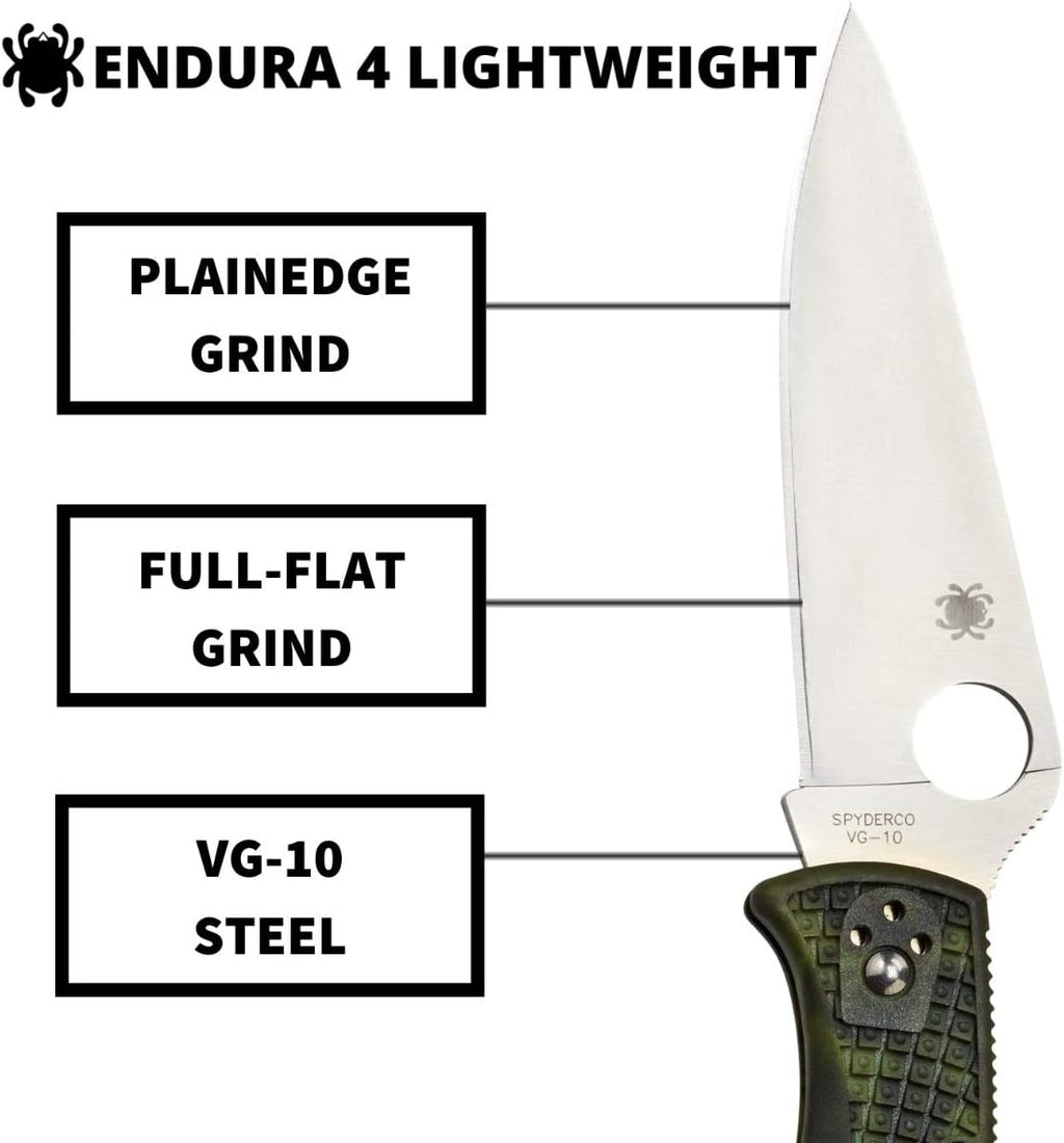 Spyderco Endura 4 Lightweight Folding Pocket Knife with 3.8' VG-10 Steel Blade and FRN Handle - EDC Knife for Men and Women, Perfect for Hunting, Tactical, Camping, Survival - PlainEdge - C10ZFPGR
