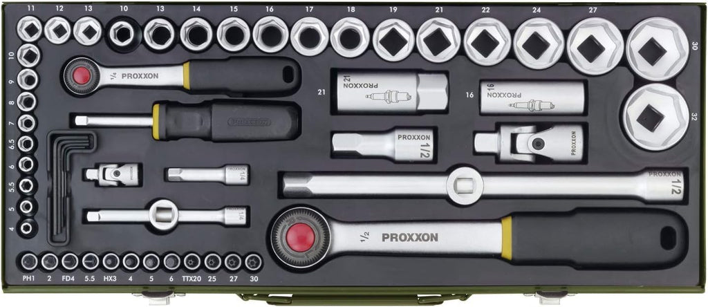 PROXXON Vadaap 23040 Socket Set, Multi-Colour, 1/4-1/2-Inch, Set of 56 Pieces