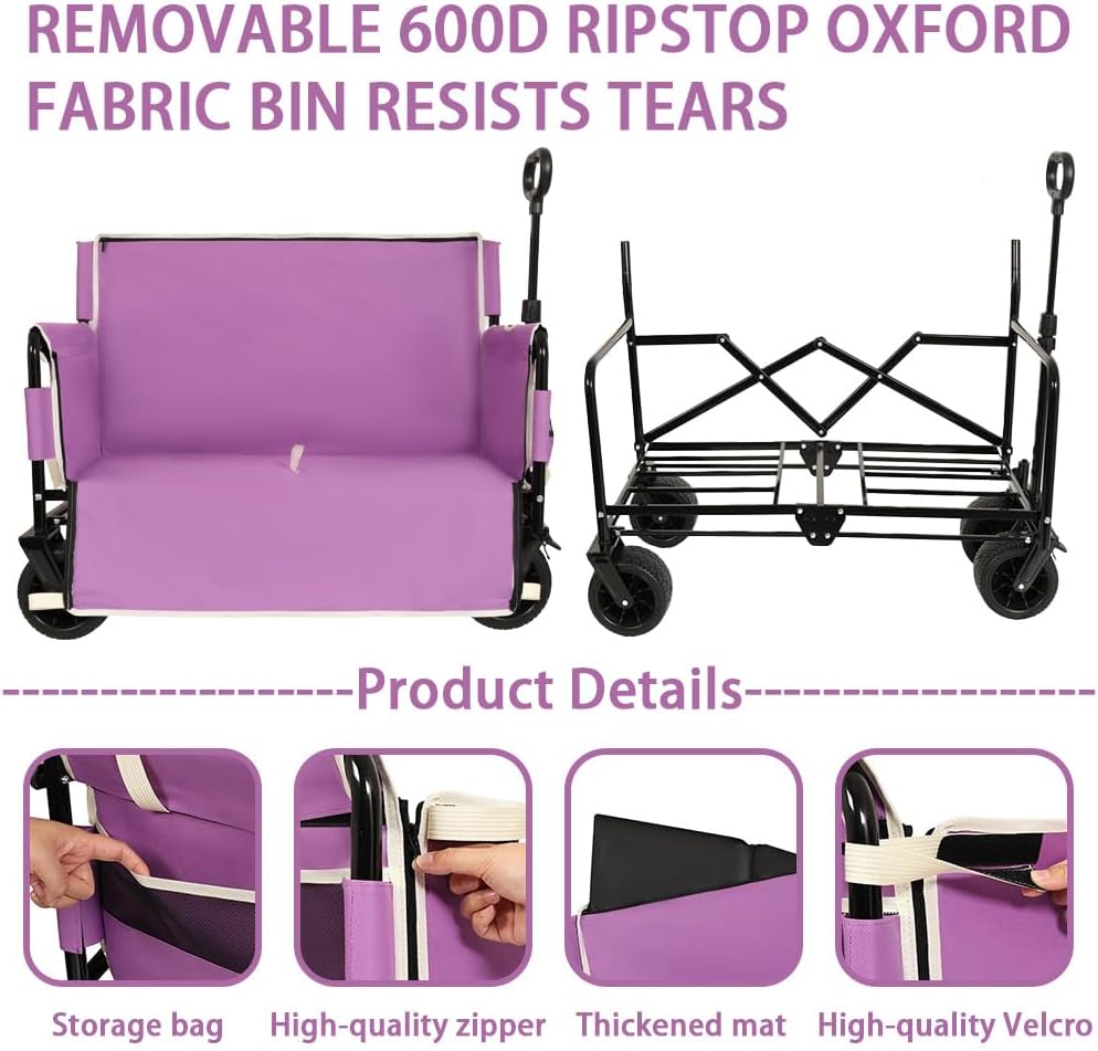 3-in-1 Convertible Folding Wagon Cart with Seat & Storage, 500lbs Heavy-Duty Utility Wagon, 180L Capacity, All-Terrain 360° Swivel Wheels for Camping, Beach, Sports, Garden (Purple)