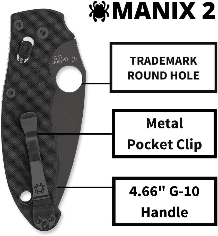 Spyderco Manix 2 Folding Pocket Knife with 3.3' CPM S30V Steel Blade and G-10 Handle - EDC Knife for Men and Women, Perfect for Hunting, Tactical, Camping, Survival, Hiking - PlainEdge - C101GPBBK2