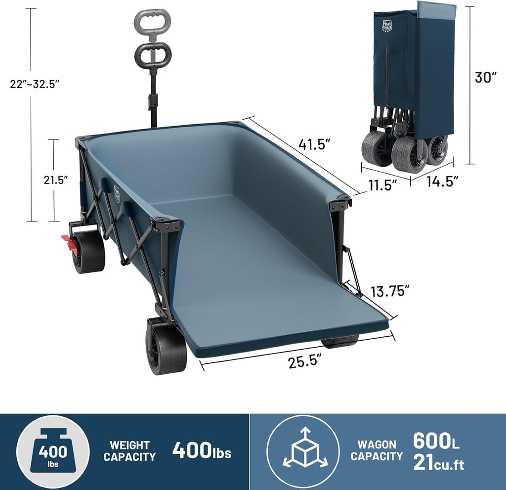 Timber Ridge 600L Beast Wagon 26' W Extra Wide All Terrain Folding w/Big Wheels, Cargo Net & Tailgate, 26' W and 55.25' L, 500lbs Heavy Duty Collapsible Portable Cart for Camping, Sports, Dogs, Blue