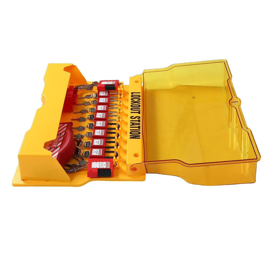 Fabater Lockout Tagout Station, Transparent Cover Enduring PC Material Electrical Lockout Tagout Kit, Loto Station with 8 Safety Padlocks 3 Hasp 20 for Industrial