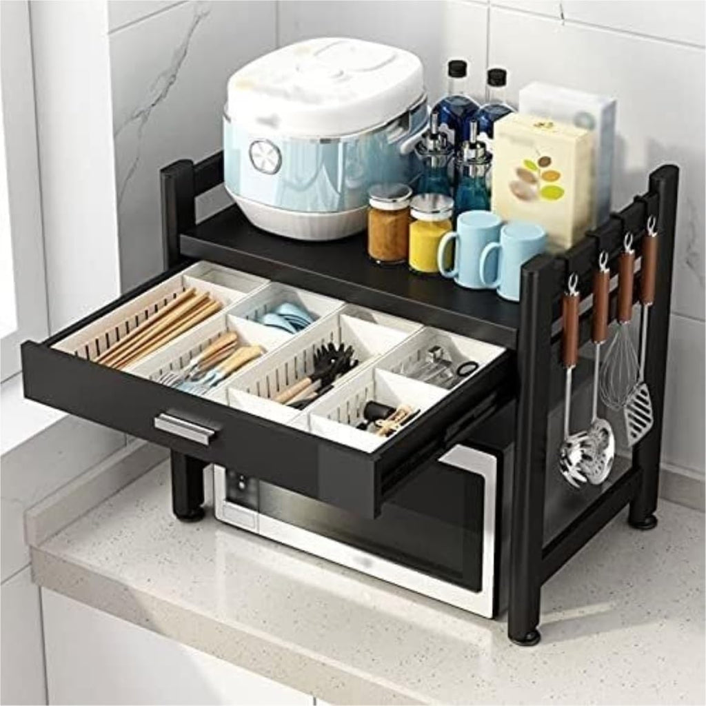 Kitchen Bakers Rack 2 Tier Microwave Oven Rack with Drawer Carbon Steel Microwave Shelf Toaster Stand Kitchen Storage Counter Rack Toaster Shelf
