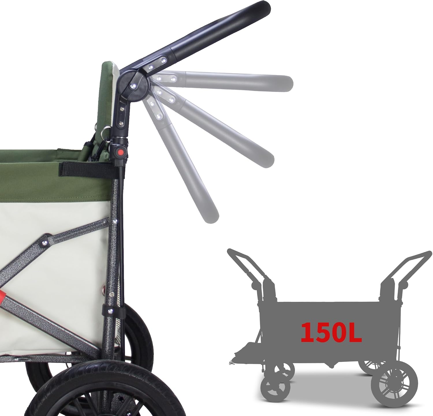 TMZ Collapsible Wagon with 2 Foldable Seats, Folding Wagon with Canopy, Multi Functional Cart with Adjustable Handle Bar, Front Expandable for Transport Camping (Green/Beige)