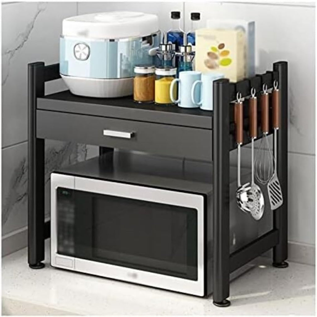 Kitchen Bakers Rack 2 Tier Microwave Oven Rack with Drawer Carbon Steel Microwave Shelf Toaster Stand Kitchen Storage Counter Rack Toaster Shelf