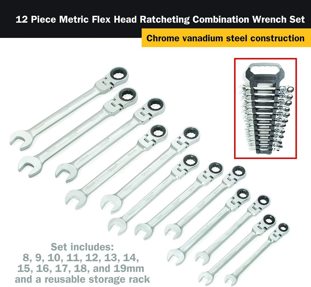 Titan 17367 12-Piece 12 Point 72 Tooth Metric Flex Head Ratcheting Combination Wrench Set