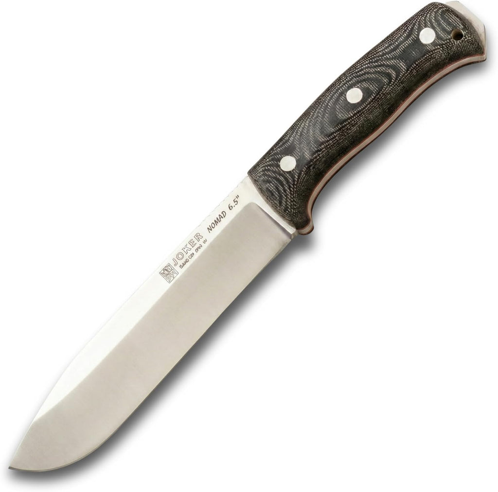 Joker Nomad 6.5 CM137-F Survival Knife, 6.5 in Böhler N695 Steel Blade, Black Micarta Handle, Kydex Sheath with Ferro Rod, Made in Spain, for trail use, shelter prep, food prep and hunting camps
