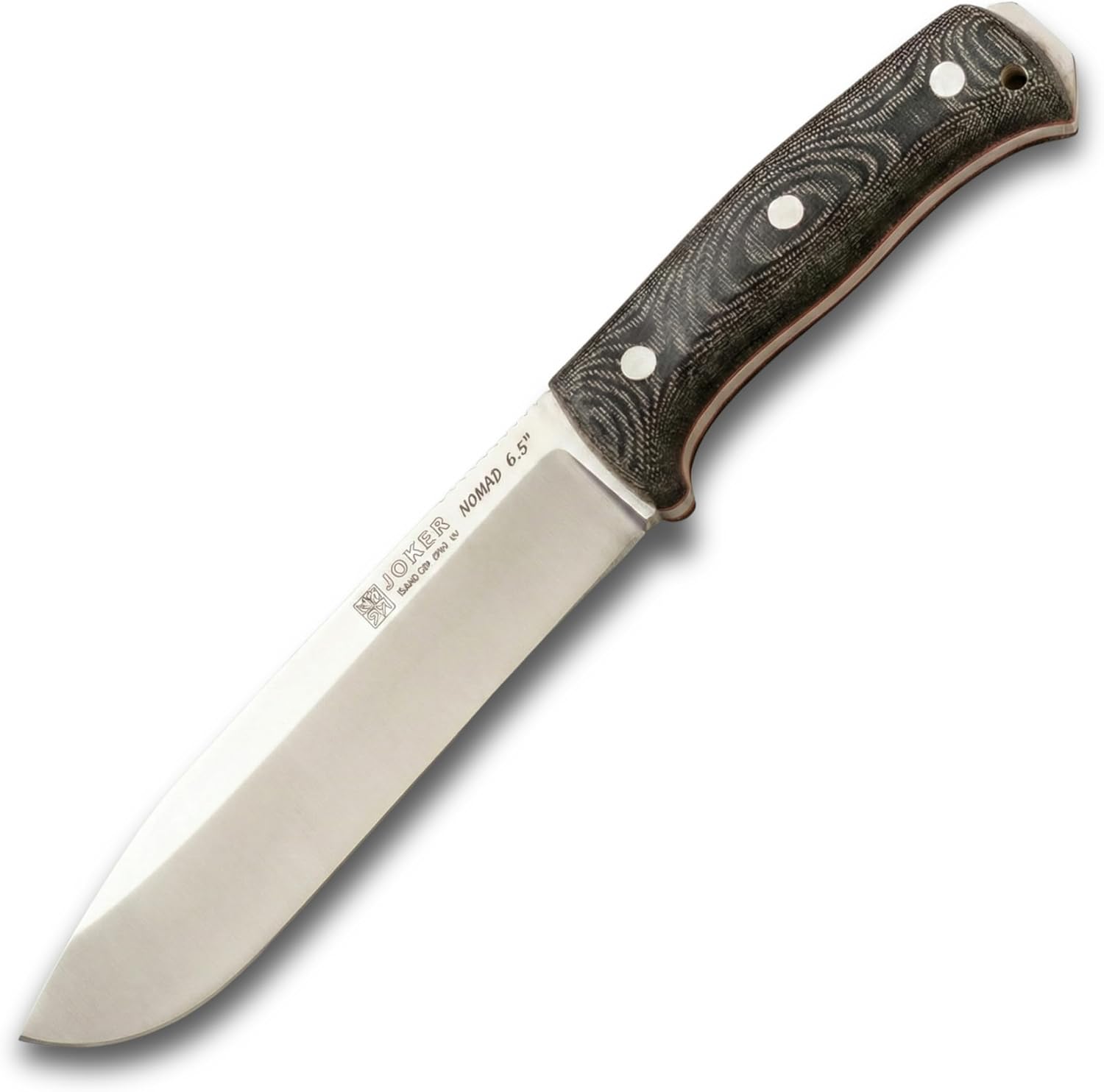 Joker Nomad 6.5 CM137-P Survival Knife, 6.5 in Böhler N695 Blade, Black Micarta Handle, Leather Sheath with Ferro Rod, Made in Spain, for backcountry travel, camp chores, fishing trips and bushcraft