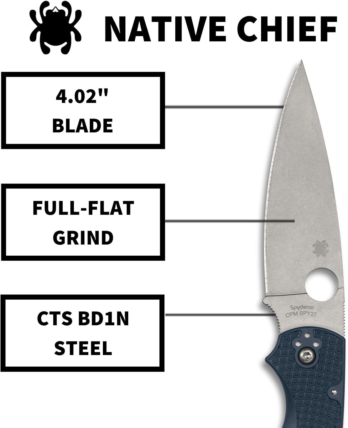 Spyderco Native Chief Lightweight Folding Pocket Knife with 4' CPM SPY27 Steel Blade and FRN Handle - EDC Knife for Men and Women, Perfect for Hunting, Tactical, Camping - PlainEdge - C244PCBL