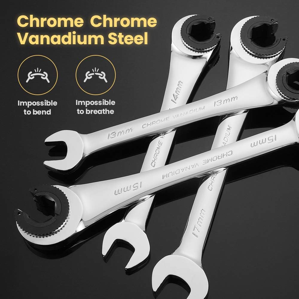 Anbull Tubing Ratchet Wrench Set Metric 9pcs（8-17mm）, Combination Ratcheting Wrench Set with Open-end Fixed Head, 72 Gears CR-V Chrome Vanadium Steel Constructed