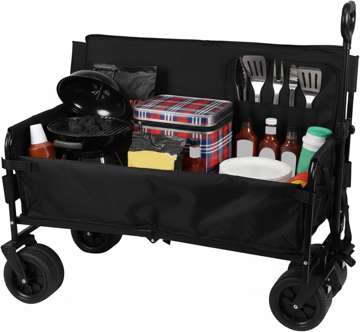 Large Capacity Collapsible Wagon Cart with Wheels Heavy Duty Collapsible Utility Wagon for Groceries Garden Sport (Black)