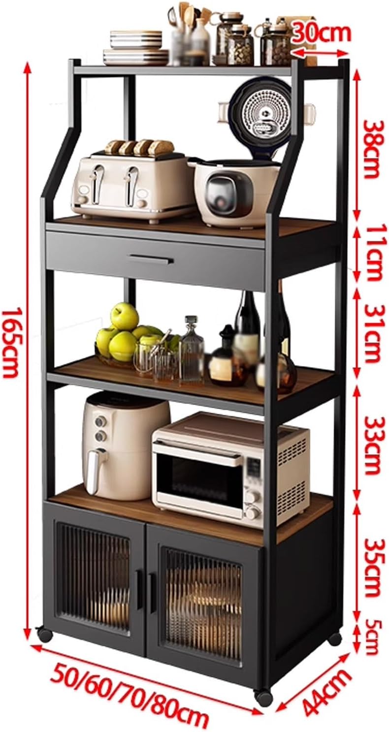 Kitchen Storage Shelves with Drawers and Storage Cabinets, Kitchen Bakers Rack with Universal Wheels, Heavy Duty Microwave Stand for Living Room, Office, Study
