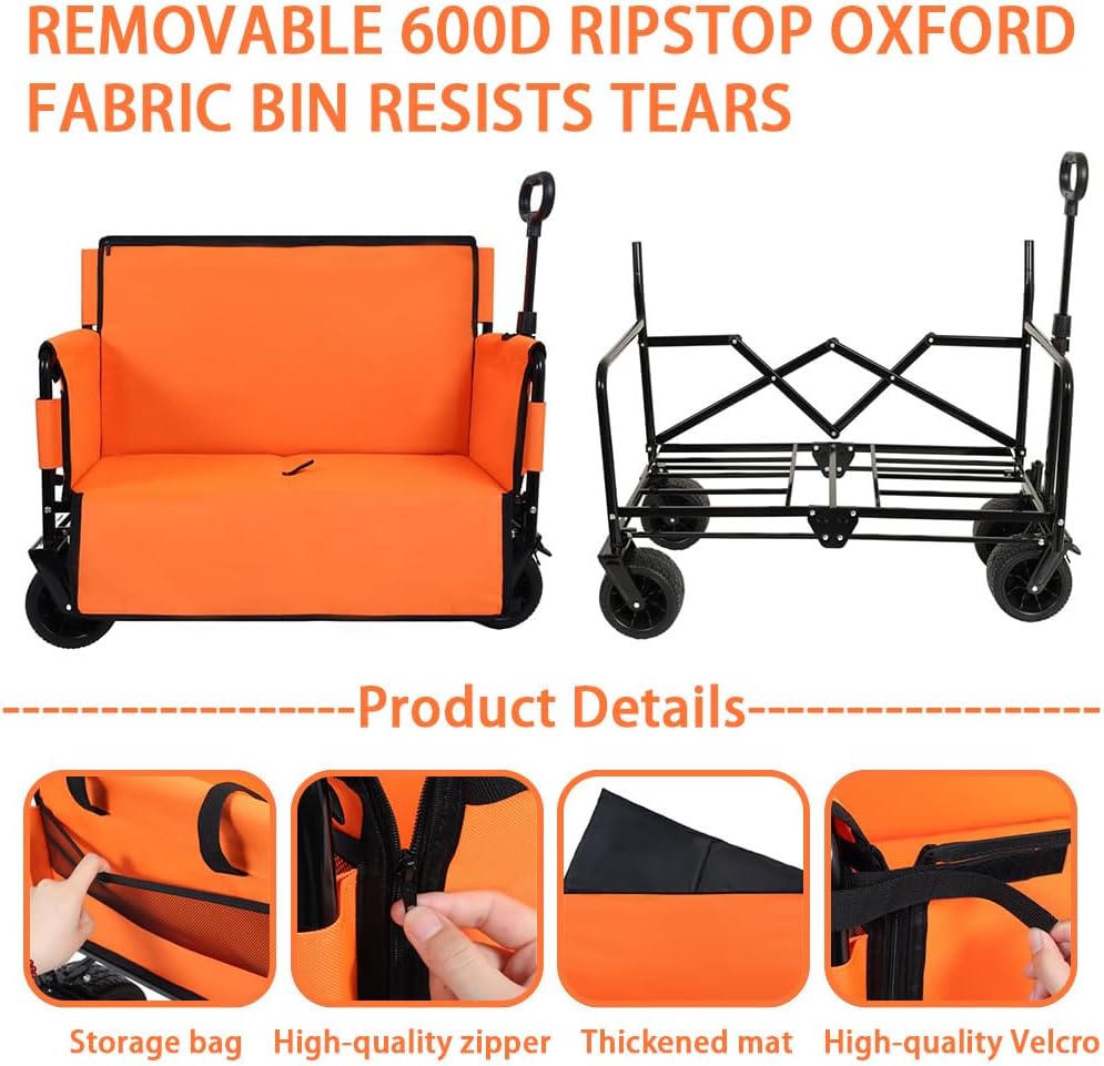 3-in-1 Convertible Folding Wagon Cart with Seat & Storage, 500lbs Heavy-Duty Utility Wagon, 180L Capacity, All-Terrain 360° Swivel Wheels for Camping, Beach, Sports, Garden (Orange)