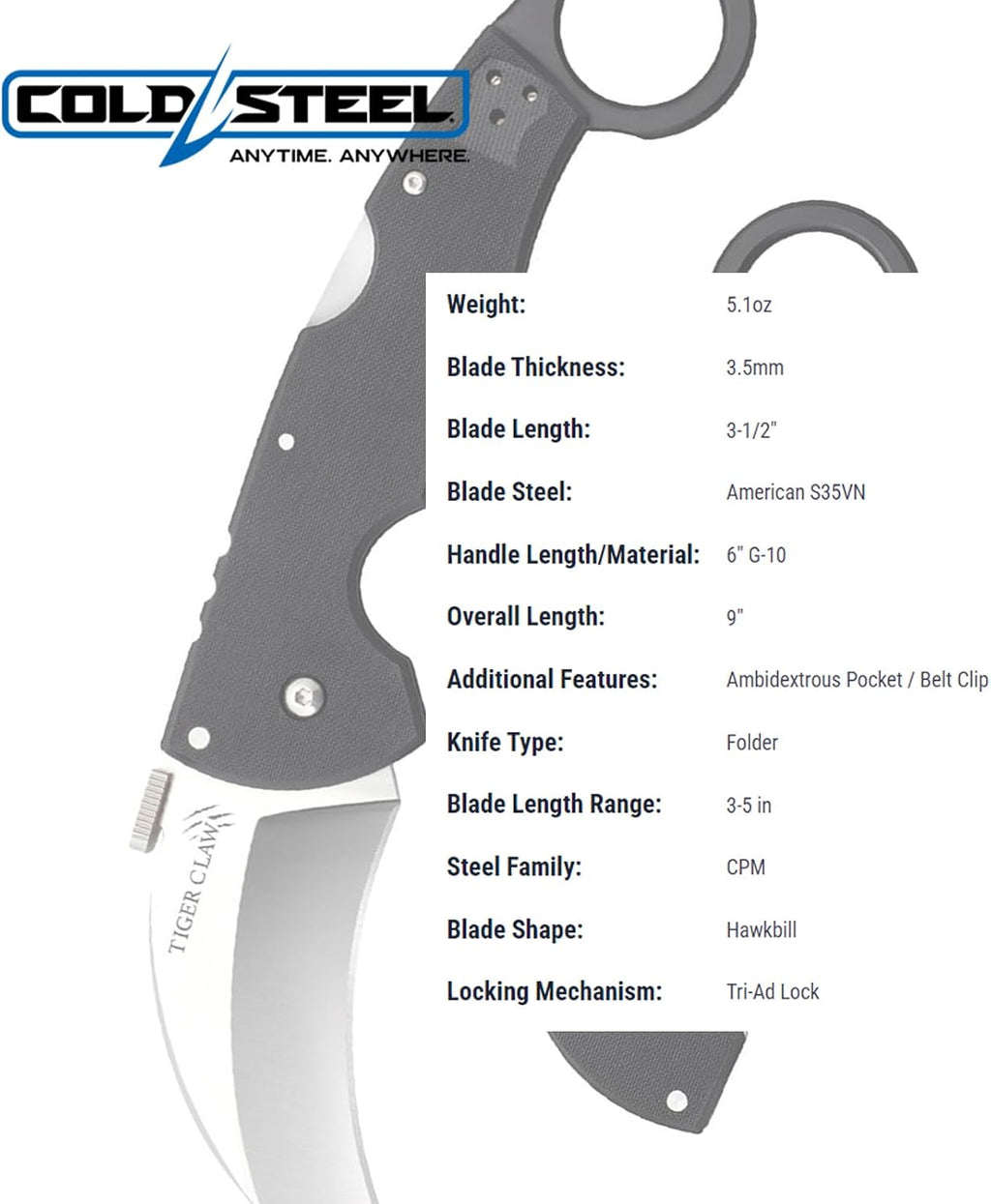 Cold Steel Tiger Claw 3' S35VN Razor-Sharp Blade 6' Easy-to-Grip G-10 Handle EDC Tactical Folding Knife with Tri-Ad Locking Mechanism
