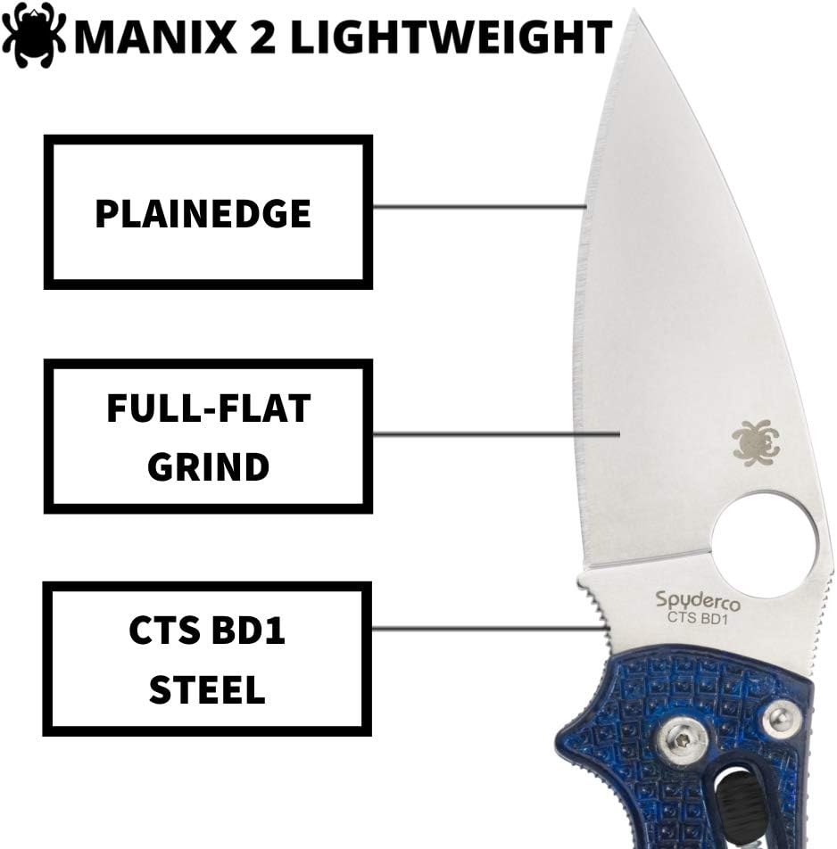 Spyderco Manix 2 Lightweight Folding Pocket Knife with 3.3' CTS BD1N Steel Blade and FRCP Handle - EDC Knife for Men and Women, Perfect for Hunting, Tactical, Camping, Survival - PlainEdge - C101PBL2