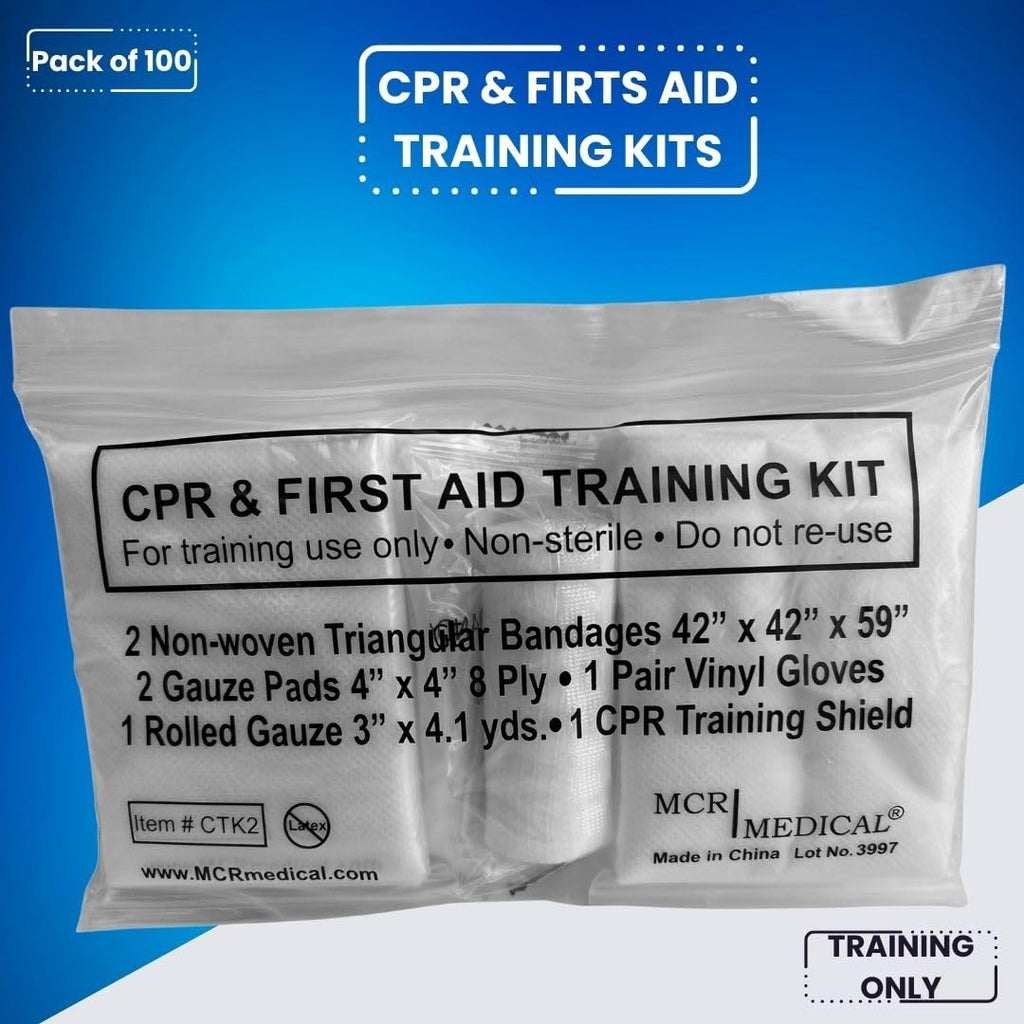 MCR Medical CPR & FA Training Kits w. 2 Non-Woven Triangular Bandages, 100 Pack