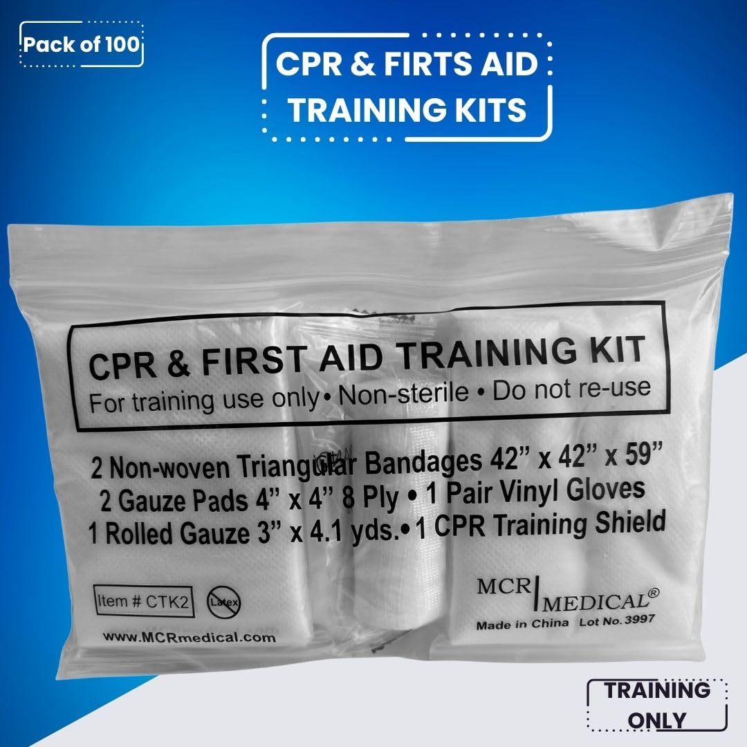 MCR Medical CPR & FA Training Kits w. 2 Non-Woven Triangular Bandages, 100 Pack