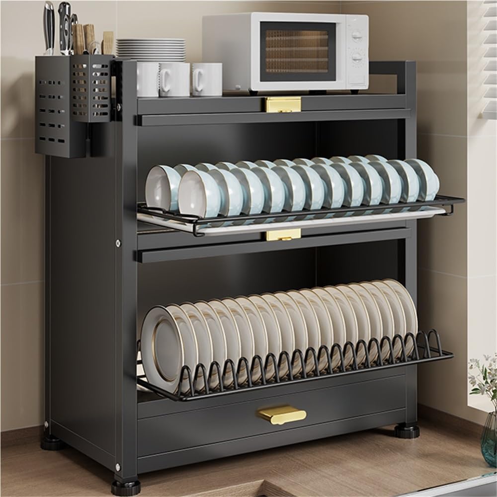 Kitchen Countertop Dish Cabinet with Drawers, Countertop Pantry with Drain Trays and Doors, Multifunctional Microwave Oven Rack, Space-Saving Dish Organizer for Dining room(Black,17.7''x11.4''x28'')
