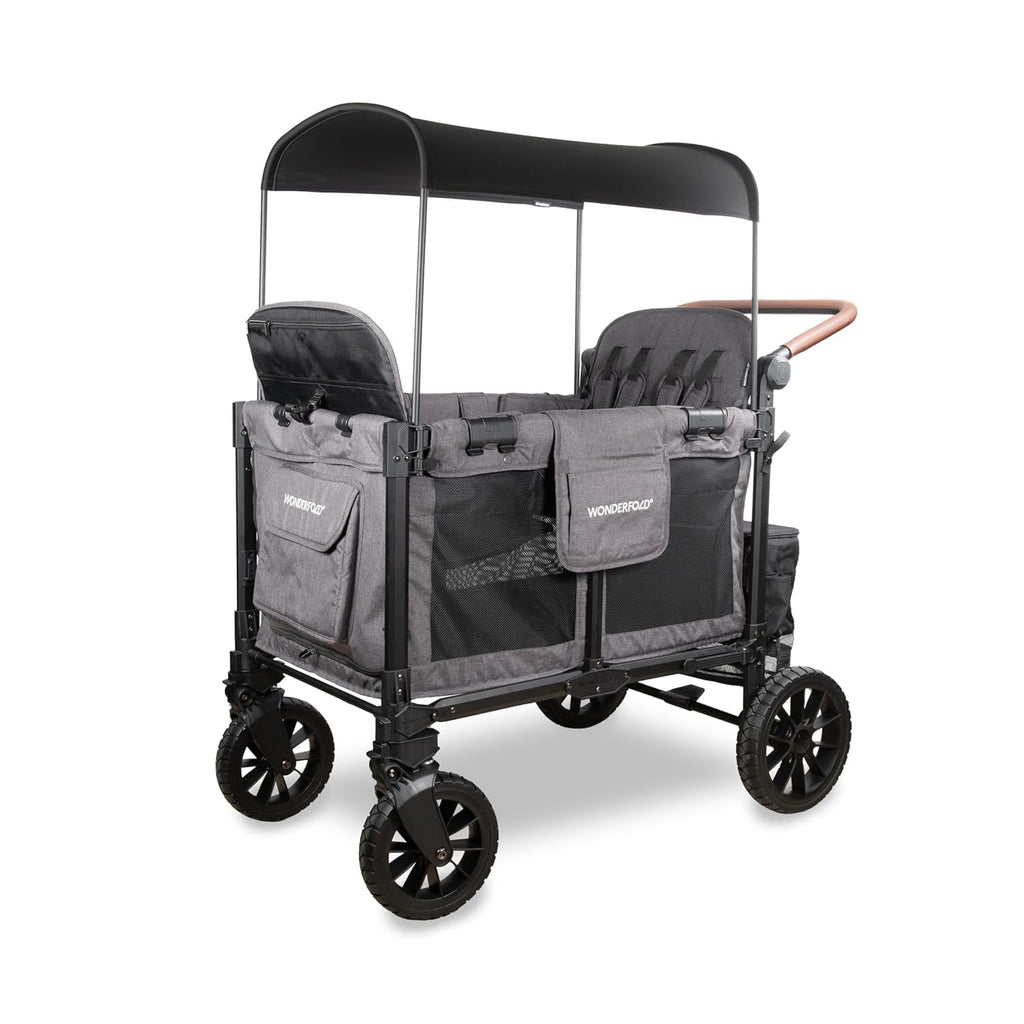 WonderFold W4 Luxe Pro Stroller Wagon - Collapsible Stroller Wagon with Aluminum Frame - Adjustable Canopy & Push Handle - XL All-Terrain Wheels - For Babies, Toddlers & Kids - 4 Seater - Gray