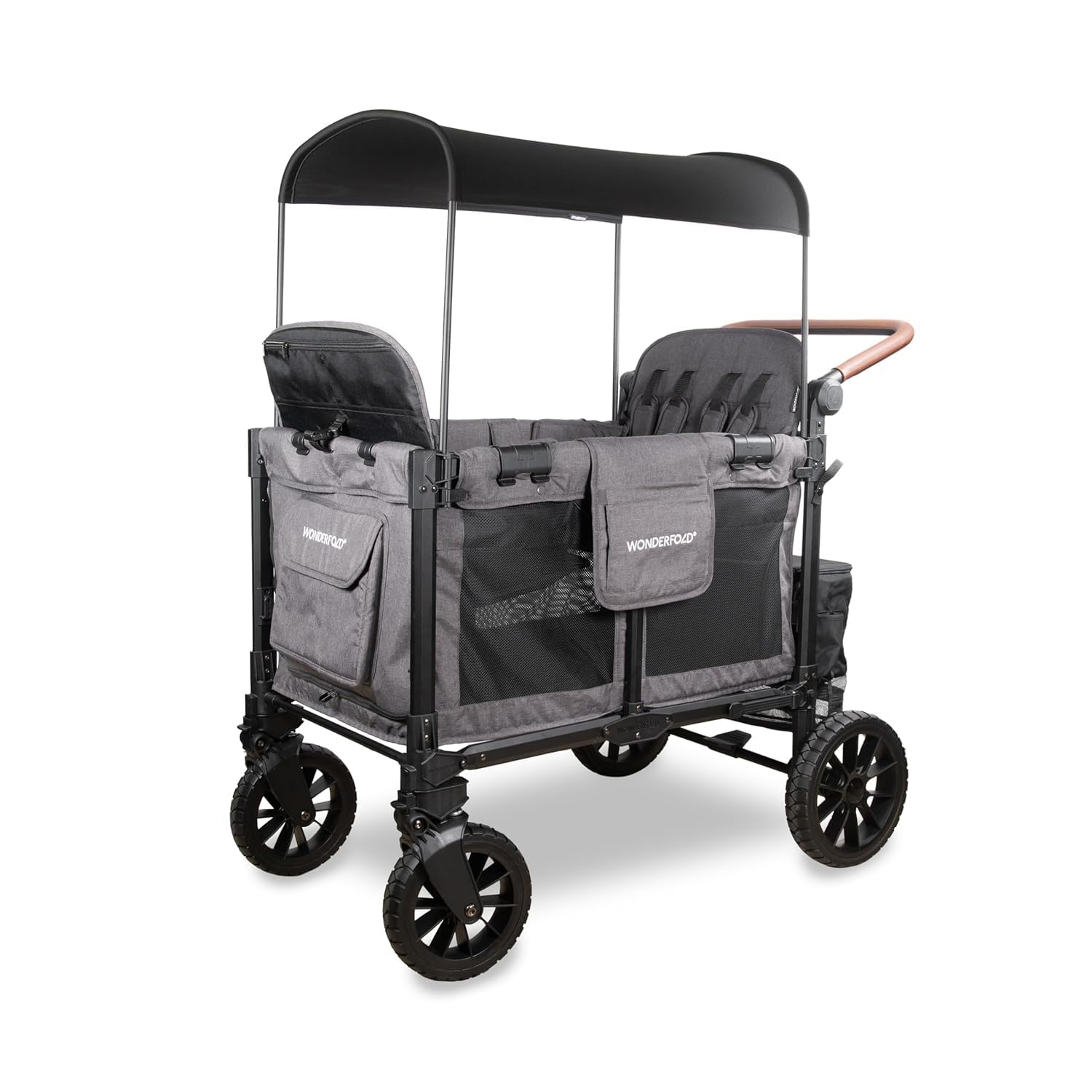 WonderFold W4 Luxe Pro Stroller Wagon - Collapsible Stroller Wagon with Aluminum Frame - Adjustable Canopy & Push Handle - XL All-Terrain Wheels - For Babies, Toddlers & Kids - 4 Seater - Gray