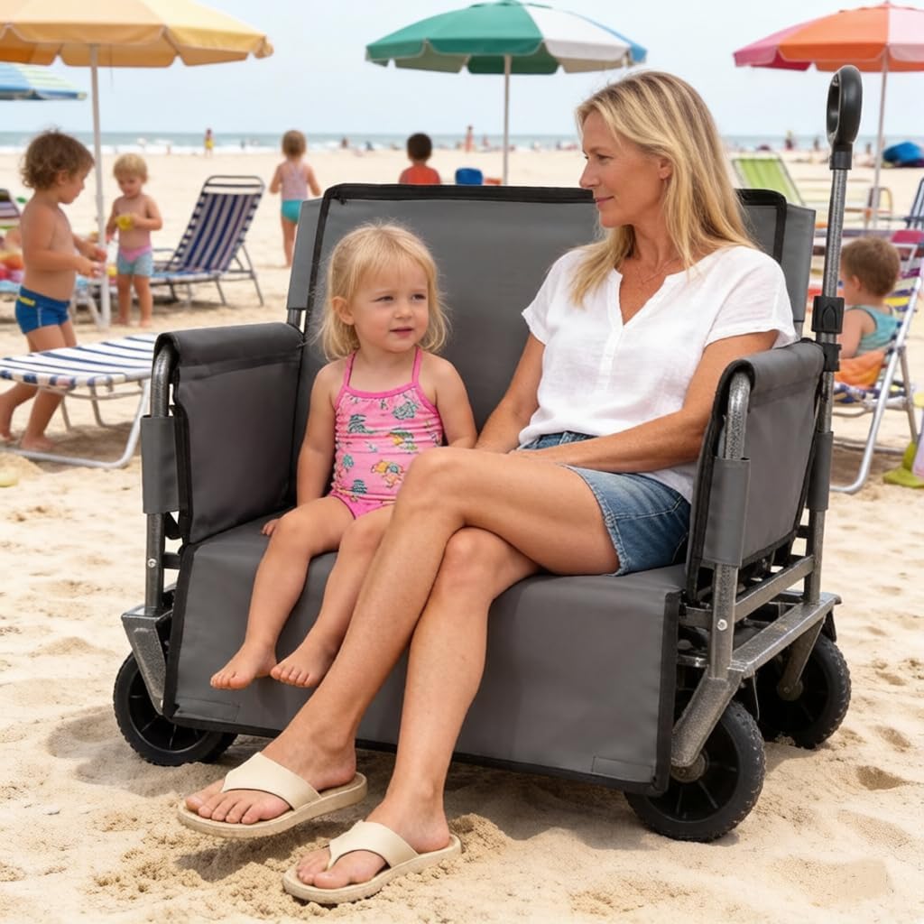 3-in-1 Convertible Folding Wagon Cart with Bench Seat & Storage - 500lbs Heavy-Duty Utility Wagon, 180L Capacity All-Terrain Wheels for Camping, Beach, Sports, Garden (Gray)