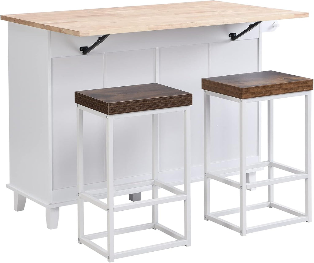 Bellemave 3 Piece Kitchen Bar Table Set Kitchen Island Set with 2 Stools and Drop Leaf, Island Table Set with Seating, Storage Cabinet, Drawers and Towel Rack (White+Rustic Brown)