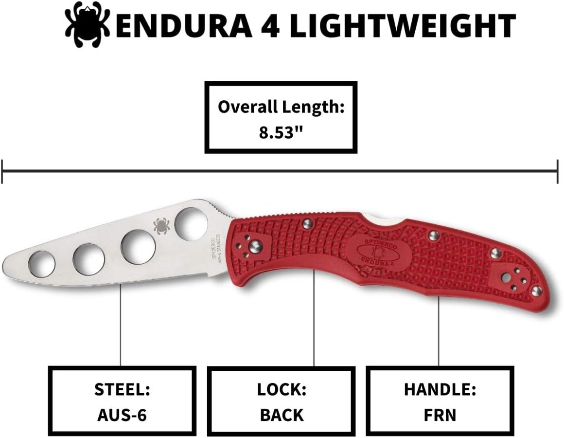 Spyderco Endura 4 Trainer Folding Pocket Knife with 3.5' AUS-6 Steel Blade and FRN Handle - EDC Knife for Men and Women, Perfect for Hunting, Tactical, Camping, Survival, Hiking - BluntedEdge - C10TR
