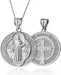 LA BLINGZ 14K White Gold Saint Benedict Medal Reversible Pendant Necklace