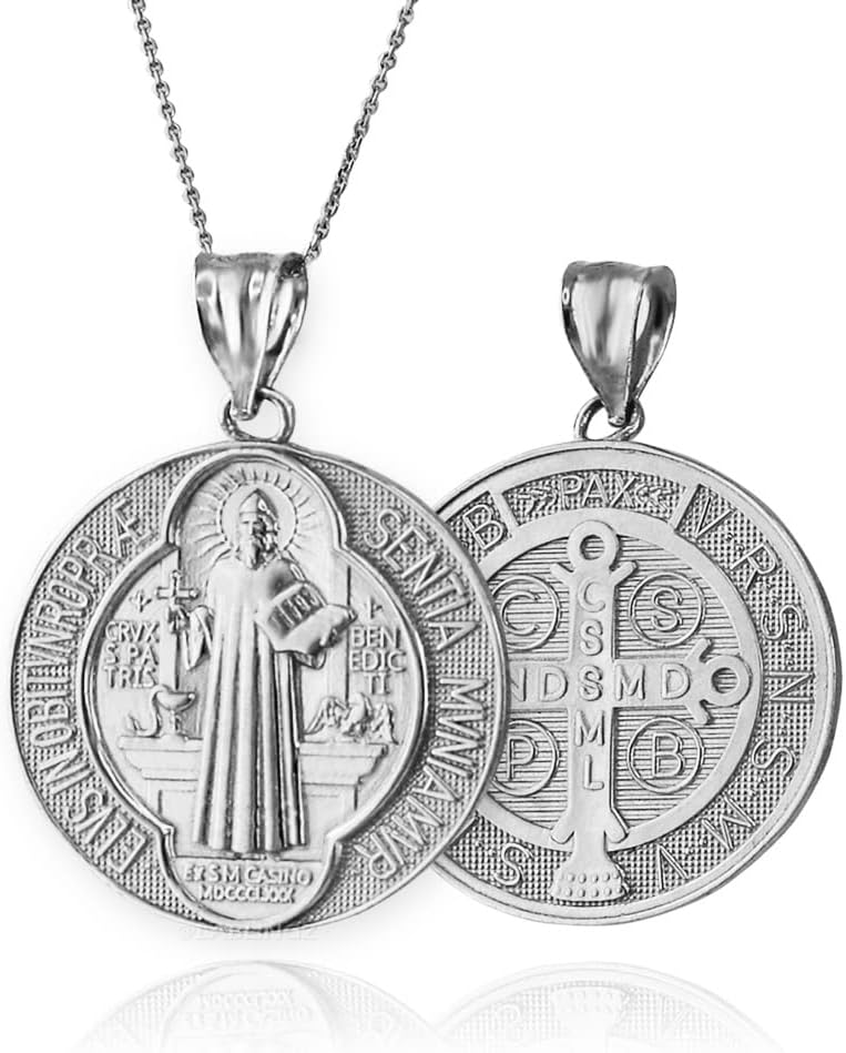 LA BLINGZ 10K White Gold Saint Benedict Medal Reversible Pendant Necklace