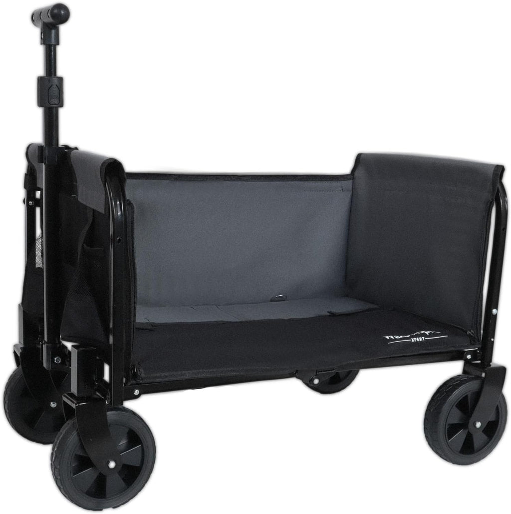 Wagonpro Folding Utility Wagon with Convertible Bench Seat, Collapsible All-Terrain Cart with 360° Swivel Wheels, Portable Outdoor Wagon for Camping, Beach, Sports Events, Black