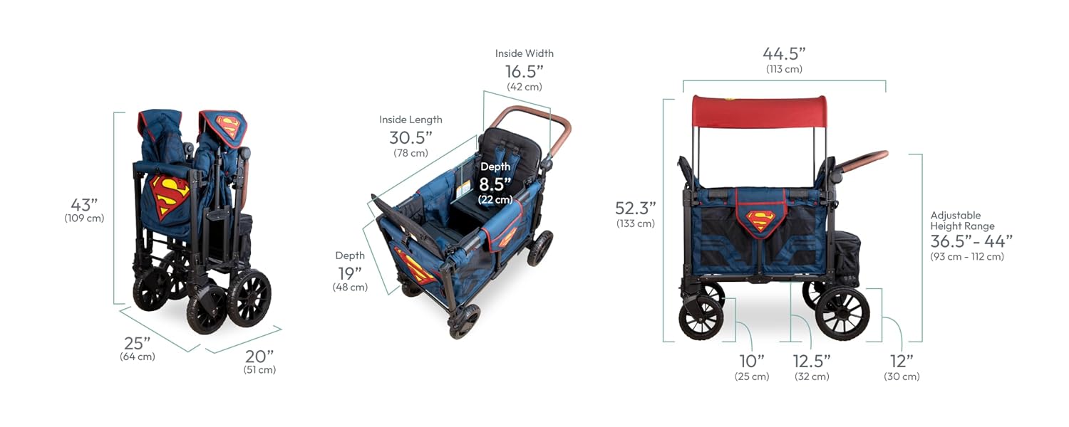 WONDERFOLD W2 Elite Pro Special Edition Superman Stroller Wagon (2 Seater) - Collapsible Wagon Stroller with Seats with 5-Point Harnesses, Easy Access Zipper Door, and Removable Sun Canopy