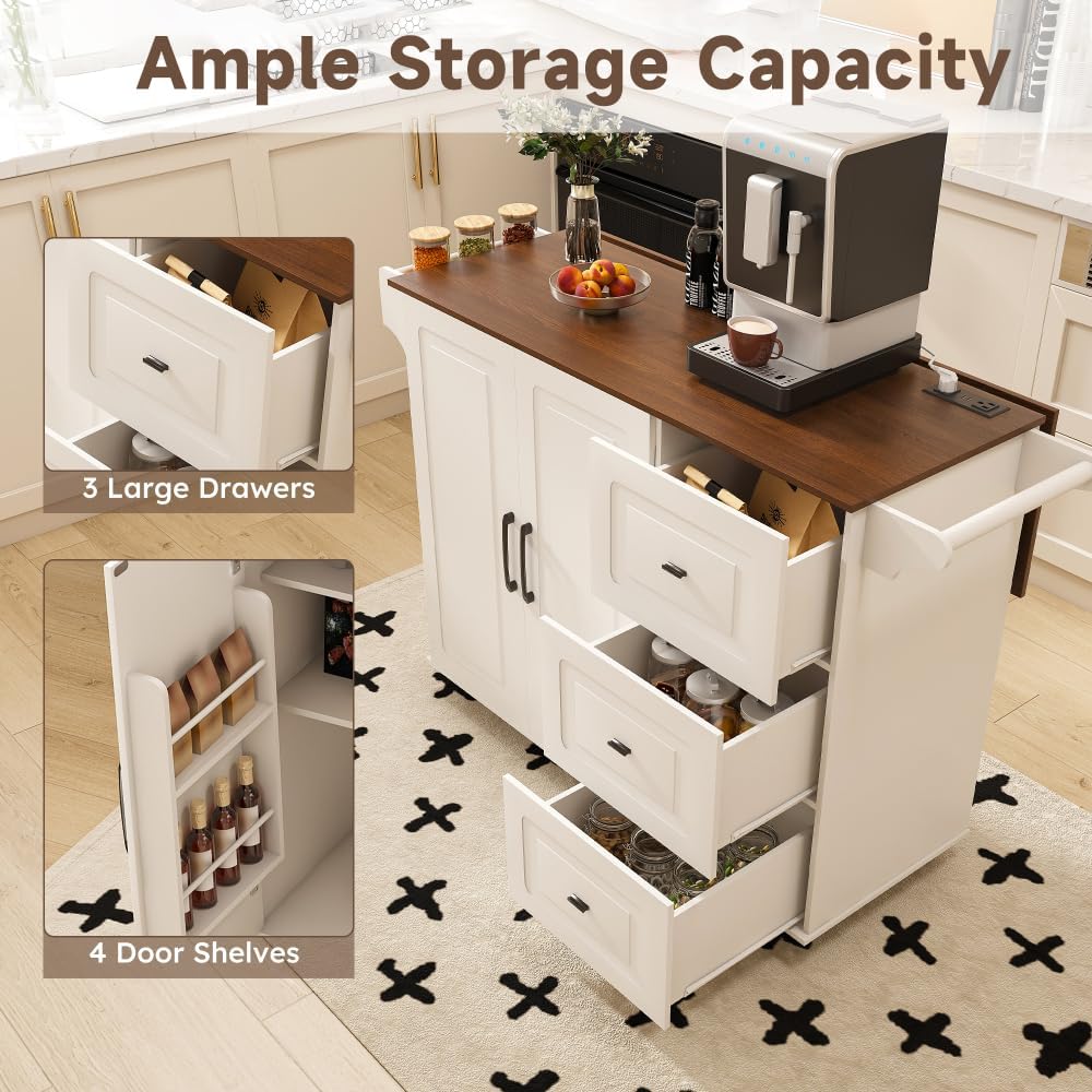 Space-Saving Drop-Leaf Kitchen Island Cart – Foldable Tabletop, 3 Drawers & Adjustable Shelves | Mobile Breakfast Bar with Locking Casters – Works as Baker's Rack, Microwave Stand or Workstation