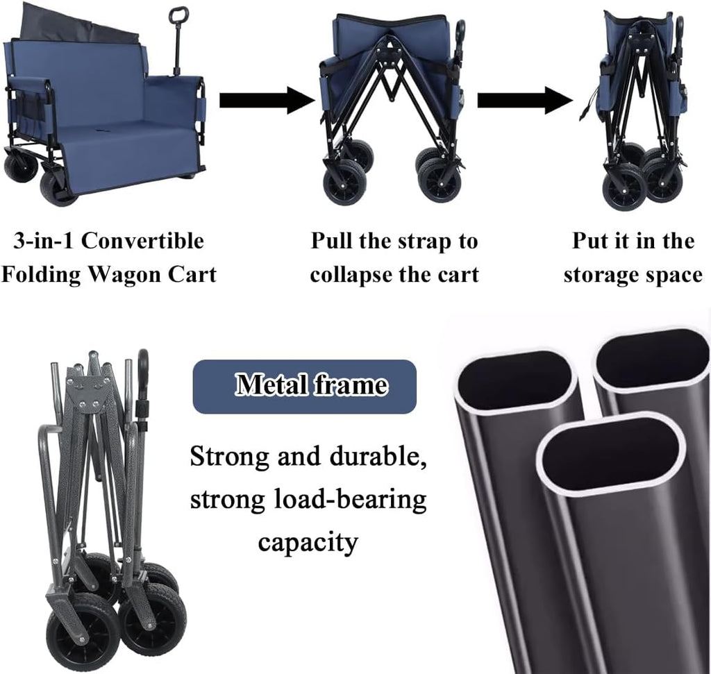 3-in-1 Folding Wagon Cart with Bench Seat & Storage, 500 Lbs Heavy-Duty Utility Lounge Wagon, All-Terrain Wheels for Camping, Beach, Sports, Garden (Black)