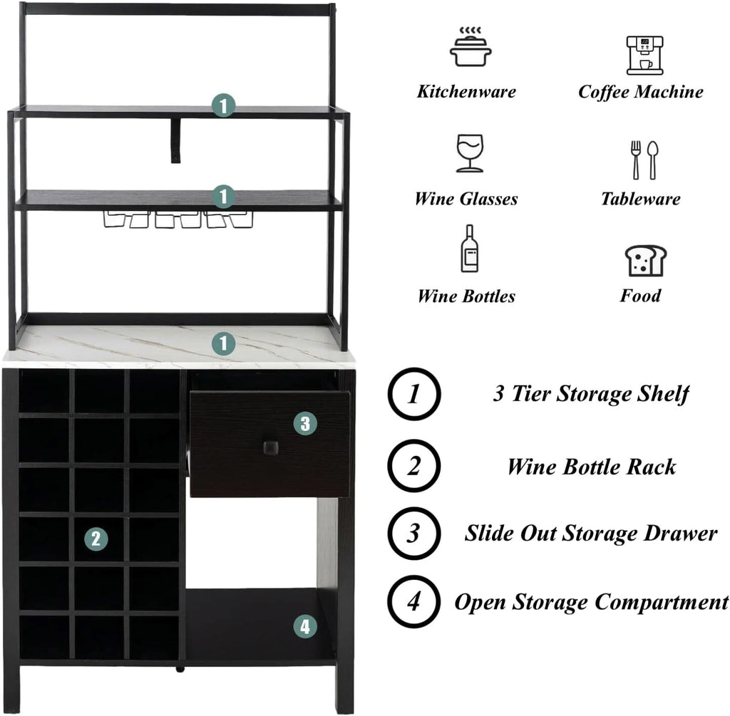 Black Kitchen Bakers Rack Pantry Microwave Stand Freestanding 18 Bottles Wine Rack with 6 Wine Glasses Holder Designed with 3 Tiers Shelf Drawer Bottom Open Compartment Anti-Toppling Design