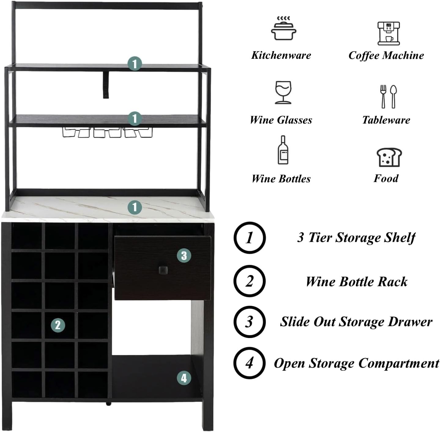 Black Kitchen Bakers Rack Pantry Microwave Stand Freestanding 18 Bottles Wine Rack with 6 Wine Glasses Holder Designed with 3 Tiers Shelf Drawer Bottom Open Compartment Anti-Toppling Design