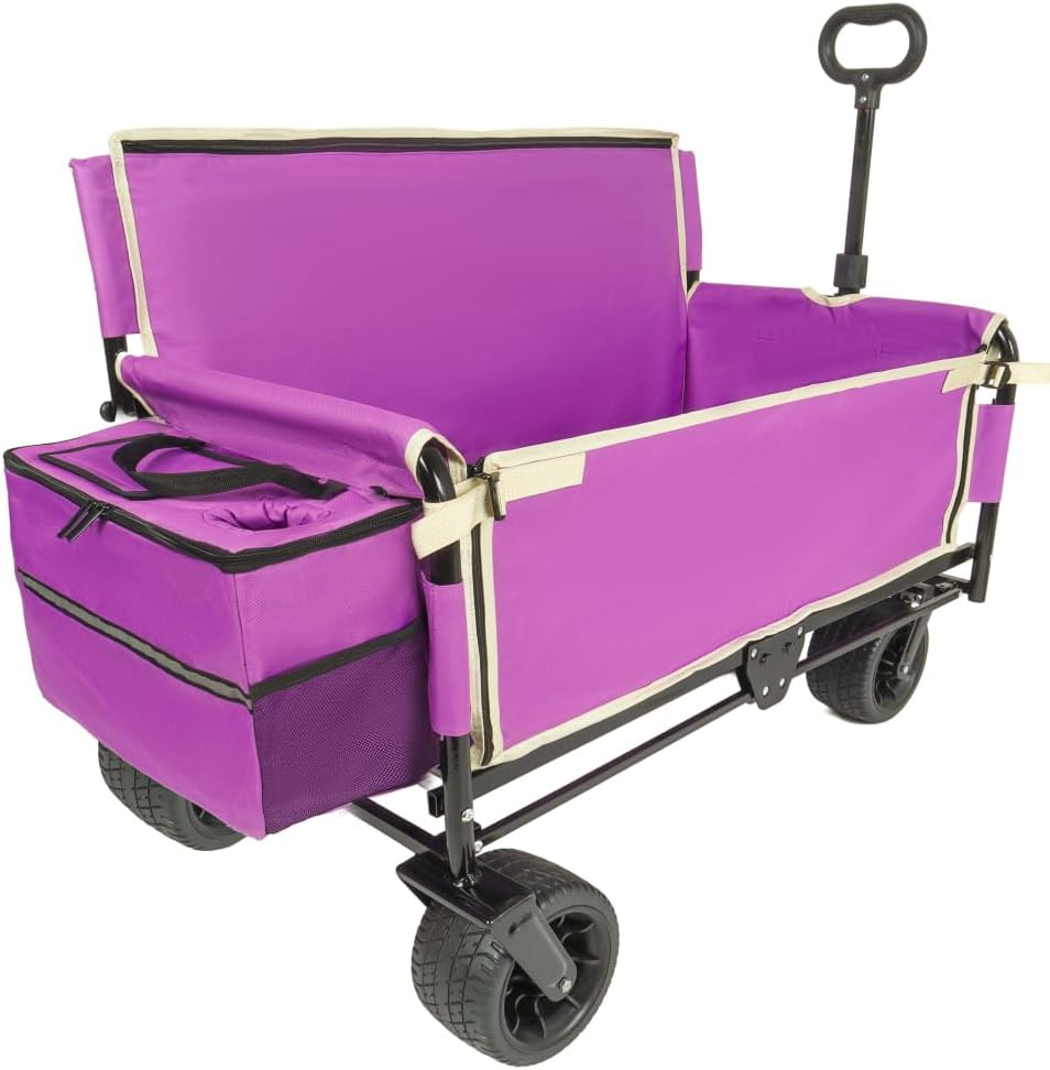 3-in-1 Folding Wagon Cart with Bench Seat and Storage, Heavy-Duty All-Terrain Utility Cart with Removable Cooler Pouch, 500lbs Capacity for Camping, Beach, Sports, and Garden (Purple + Steel)