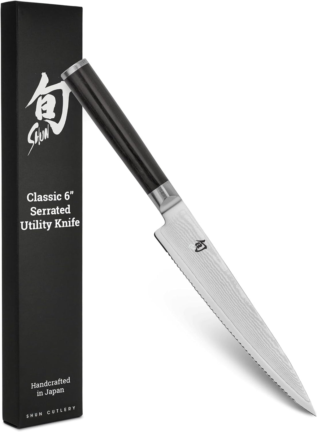 Shun Classic 6' Serrated Utility Knife, Handcrafted Japanese Knife, VG-MAX Core with Damascus Stainless Steel Cladding, Pakkawood Handle, Precision and Sharpness for Professional and Home Chefs
