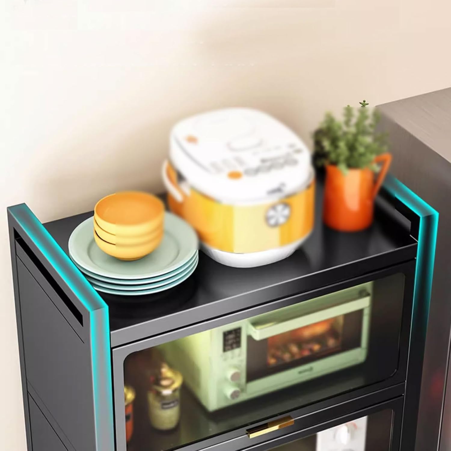 Bakers Rack with Storage Cabinet Kitchen Shelf Organizer and Storage with Drawer with Rolling Wheels, for Spices, Pots and Pans(Black,60 * 40 * 90.6cm)